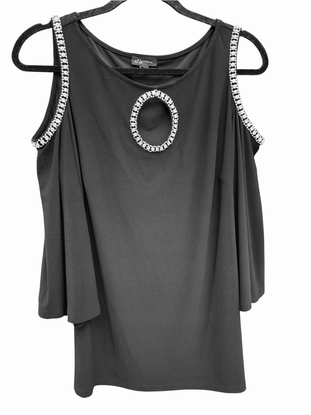 S. Levine Charming Cold-Shoulder rhinestones Trim Top - Black sz L